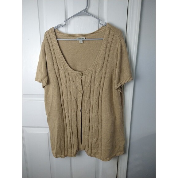 St. Johns Bay 2X Sweater Brown Cardigan Two Button Cable Knit Front SS Scoop... - Picture 1 of 11